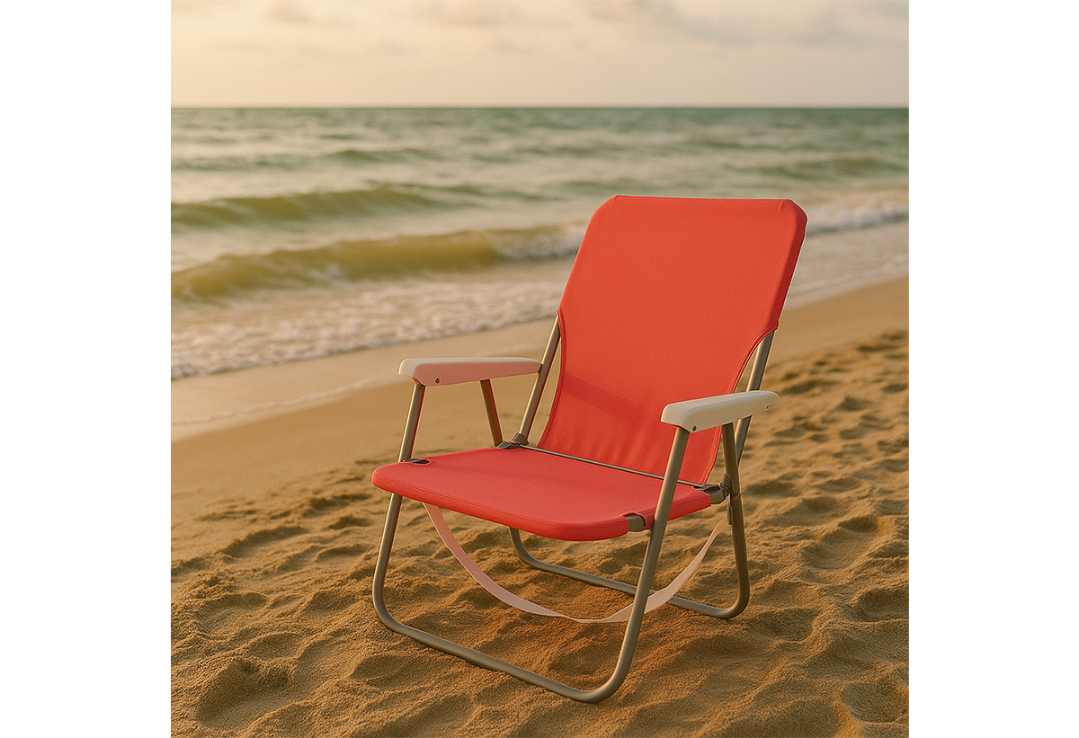 Η καρέκλα με φόντο μία παραλία.